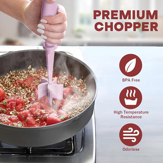 2Pack Meat Chopper Upgrade Hamburger Smasher, Masher for Ground Beef | Heat Resistant, Food-Grade Nylon, for Ground Turkey/Chicken and More, Non Stick Mix Grinder, Dishwasher Safe, Pink