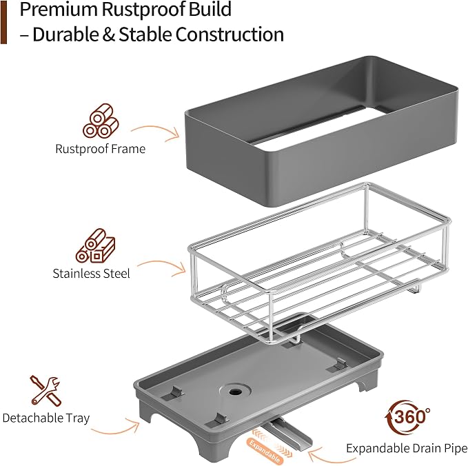 MOUKABAL Sponge Holder for Kitchen Sink, Rustproof Stainless Steel Grey | Large Capacity/360° Rotating Drain Keeps Counter Dry/Holds Sponges & Soap Bottle/Easy-Clean Removable Tray
