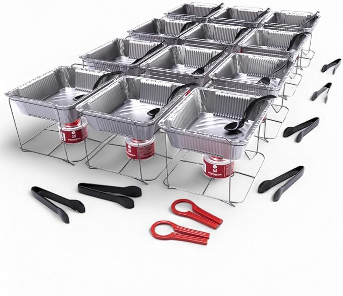 Alpha Living 12-Pack Disposable Chafing Dish Buffet Set with Fuel Cans | Welded construction, half-size pans, and warming trays for parties