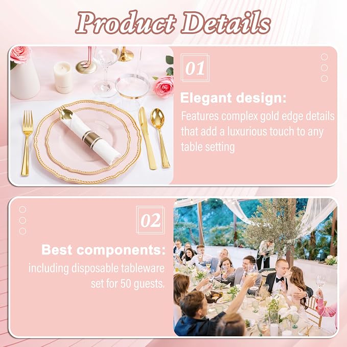 350 Pcs Pink and Gold Plastic Plates for Wedding & Party | Pink Plastic Dinnerware Set Includes 50 Dinner Plates, 50 Dessert Dinnerware, 50 Cups, 50 Rolled Napkin Cutlery