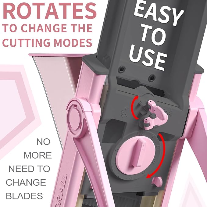 ONCE FOR ALL Safe Mandoline Slicer Plus, Bigger Size, Kitchen Slicer, Pink | 0.1-8mm Adjustable Kitchen Mandoline Slicer, Vegetable Food Chopper, Stainless Steel, Detachable Blade, Dishwasher-safe, Gift