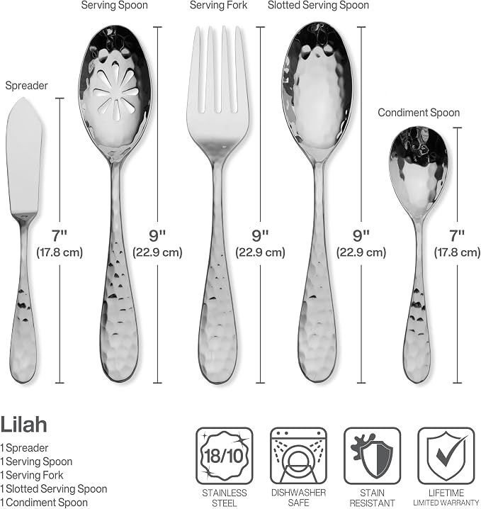 Mikasa Lilah 18/10 Stainless Steel Flatware Set, 45-Piece Silverware Set for 8 with Serving Utensils, Hammered Design, Dishwasher Safe