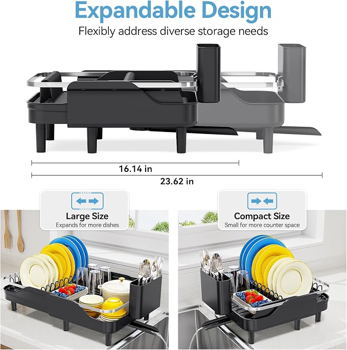 Urackify Expandable Dish Drying Rack for Kitchen Counter,16.2-23.7in,Black | Adjustable Capacity, Countertop-Stay-Dry Drainboard, Heavy-Duty Steel, Stable Plate Rack, Spave Saving for Apartment,RV,Dorms