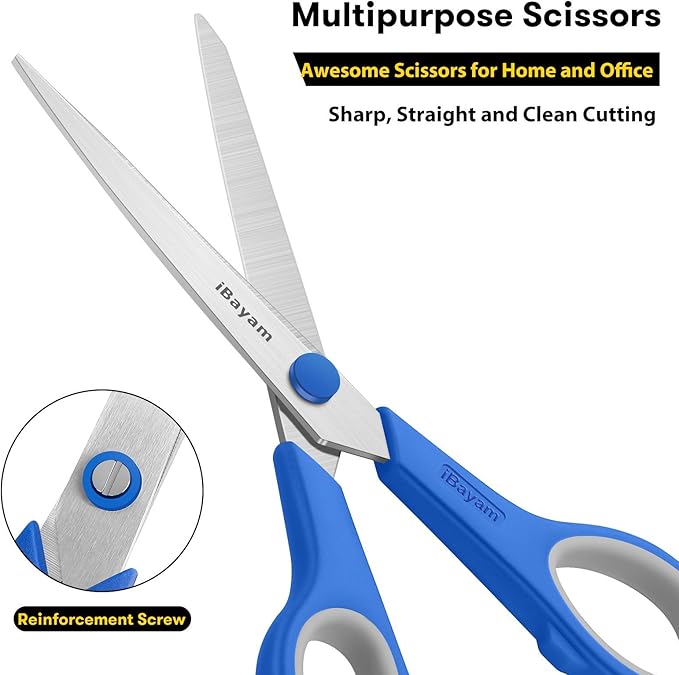 iBayam 8.5" Household Scissors All Purpose 3 Pack, Red Black Blue Scissors | Ultra Sharp 2.5mm Thick Blade Shears Comfort-Grip for Office Desk Sewing Fabric Home Craft School Supplies, Right/Left Handed