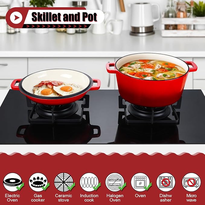 P&P CHEF 2 In 1 Red Dutch Oven Pot with Lid for Bread Baking, 5Qt | Cast Iron Bread Dutch Oven, Skillet & Pot for Roasting Braising Stewing Frying Simmering, Multi Stoves & Oven Safe