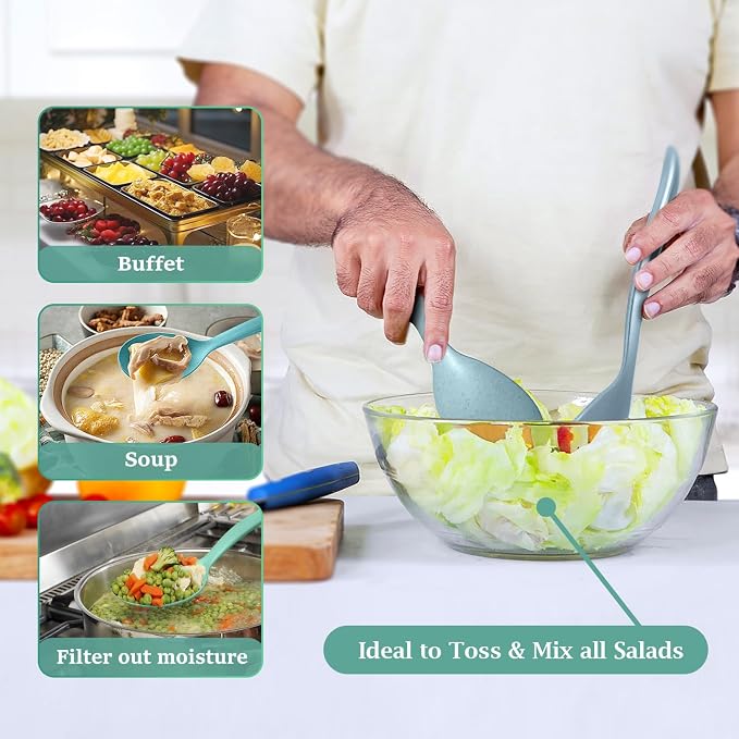 Reusable Plastic Serving Utensils Set of 24, Wheat straw Large Serving set 10" Serving Spoons/10" Slotted Spoons/9.4" Tongs, for Party Buffet Catering (Ocean, Not for Cooking)