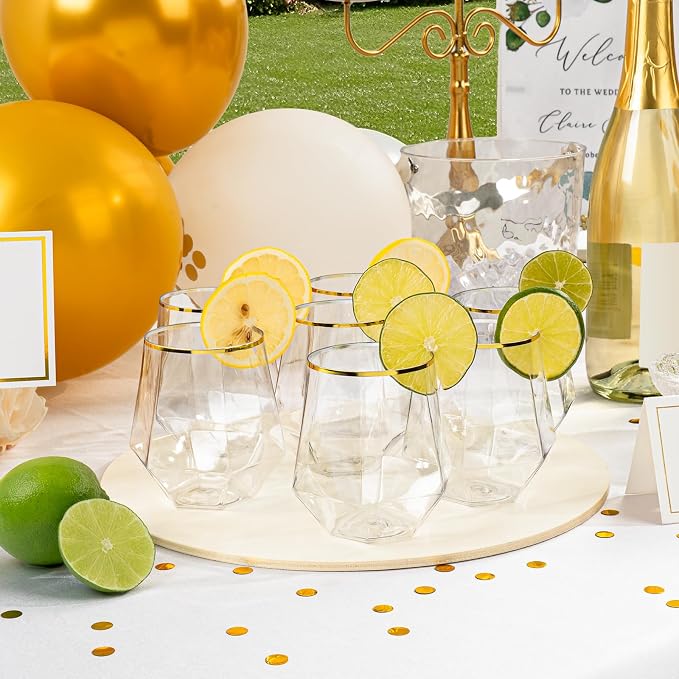 Goodluck 40PCS 12oz Diamond Stemless Plastic Wine Whiskey Glasses,Gold Rim | Disposable Cocktail Glasses, Suitable for Weddings, Birthday Parties, Family Gatherings, Bars, etc