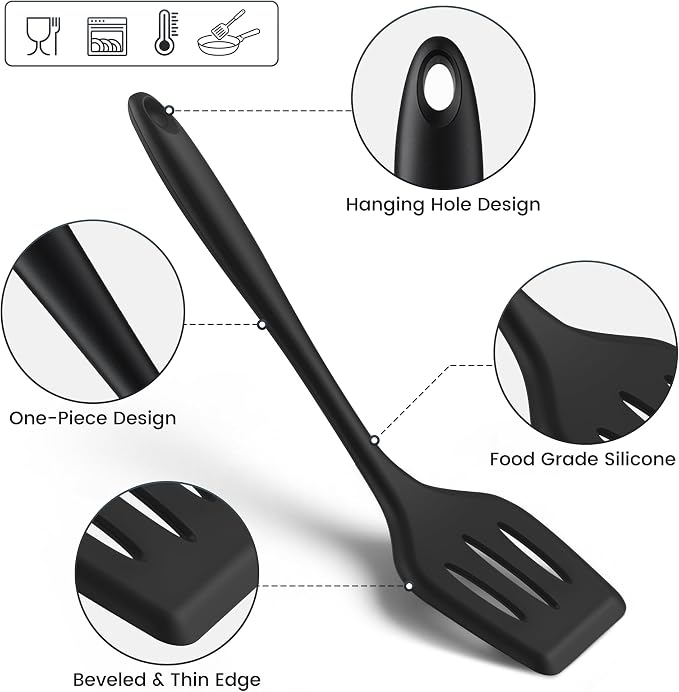 8 PCS Silicone Kitchen Utensils Set, Non Stick Cooking Tools, Black | Spatulas/Turner/Spoons/Soup Ladle/Pasta Server/Skimmer | Heat Resistant | Dishwasher Safe