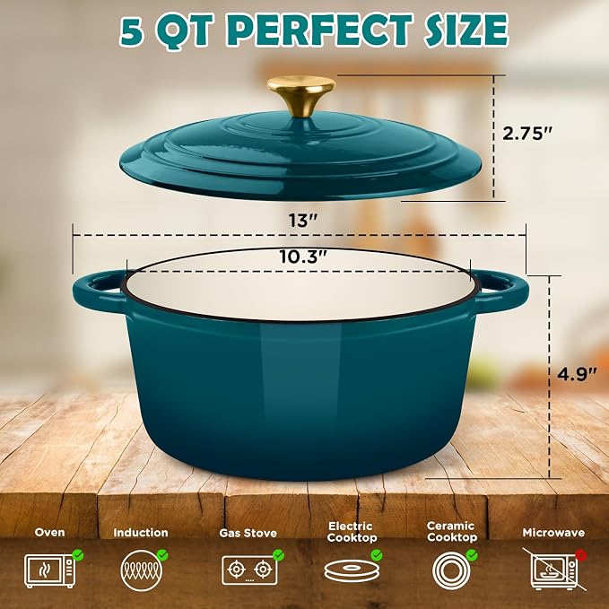 Enameled Cast Iron Dutch Oven Pot with Lid, 5QT Dutch Oven for Bread Baking | Round Bread Oven, Sourdough Bread Baking Supplies, Banneton Bread Proofing Basket, Starter Jar, Lame, Oven Safe up to 500°F