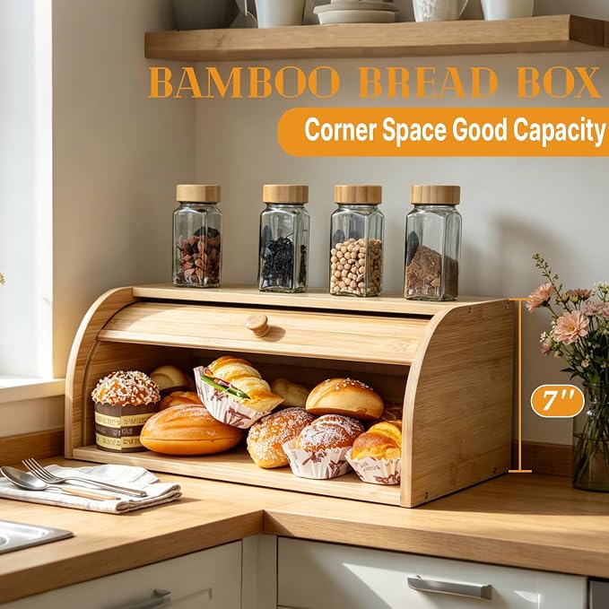 Natural Bamboo Roll Top Bread Box for Kitchen Countertop | Food Storage Container with Assembly Required with rolling lid, vintage food keeper for muffins, bagels, cookies
