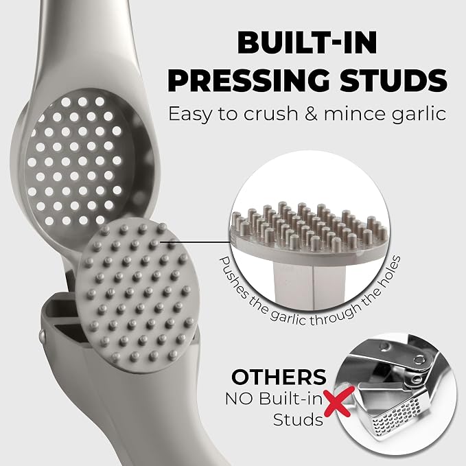 Zulay Kitchen Large Premium Garlic Press Set – Rust Proof & Dishwasher Safe, Bigger Bowl Garlic Mincer Tool with Silicone Garlic Peeler & Brush, Easy Squeeze & Clean, Ergonomic Handle - Silver