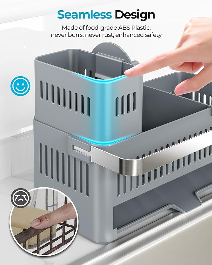 Nieifi Sponge Holder, Grey Rustproof ABS Sink Caddy with Towel Rack | Smiley Sponge and Brush Holders with Drainage to Keep Items Dry. 10"L x 4.5"D. Kitchen Counter Organizer & Essential Storage.