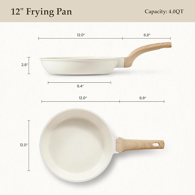 CAROTE 12 Inch Non Stick Frying Pan, Cream White Granite Skillet | Healthy Non Toxic Granite Kitchen Cookware, All Stovetops Compatible Skillet with Heat-Resistant Handle, Easy to Clean