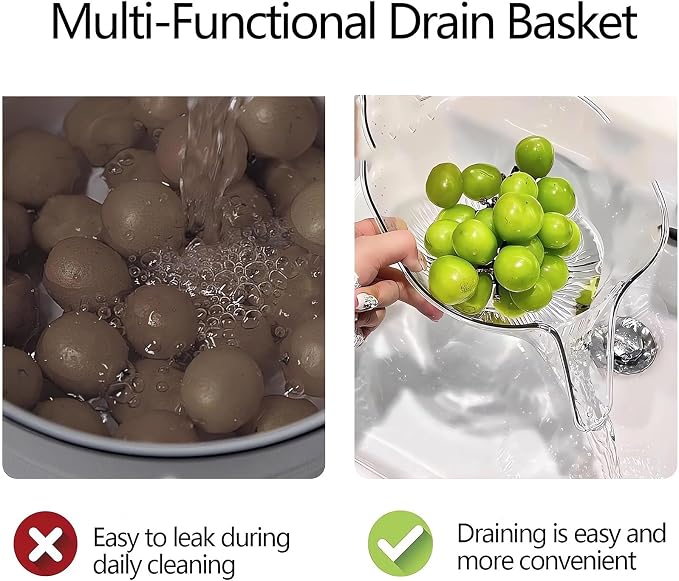 Multi-functional Drain Basket - 2024 New Fruit Cleaning Bowl with Strainer Container, Kitchen Sink Food Catcher Drainer Fruit Rinser Vegetable Washing Filter Bowl over the Sink Colander (2PCS, Clear)