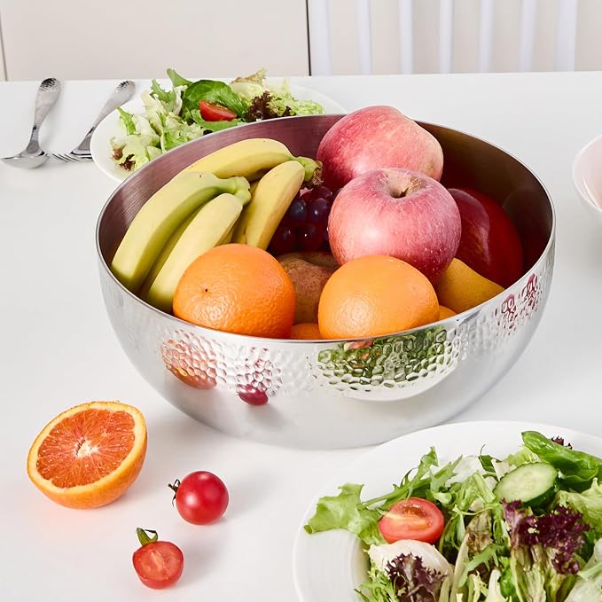 Brightalk 150oz Stainless Steel Hammered Salad Bowl, Large Fruit Popcorn Serving Bowl