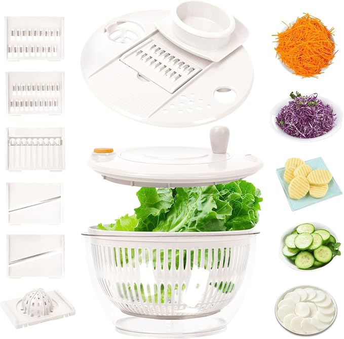 Salad Spinner Large, 5.3 QT 5 IN 1 Lettuce Spinner Dryer with 5 Blades Slicing and Pureeing Vegetables Wash Bowl Kitchen Gadgets for Efficient Salad Preparation Food Washing (White)