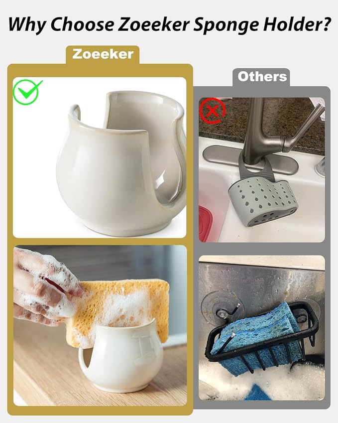 Zoeeker Sponge Holder for Kitchen Sink, Ceramic Dish Sponge Caddy | Scouring Pad Holder Kitchen Storage Accessories Brush Holder for Bathroom, Countertop, Sink, Farmhouse Kitchen Decor, White