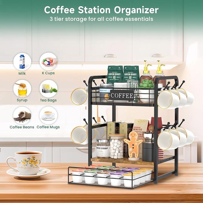 EsLuker.ly Coffee Bar Organizer Station Shelf Mug Holder, with 12 Hooks | 3 Tier Coffee Cup Stand Rack for Countertop, K Cup Pod Organizer Drawer for Home Office, Keeps Essentials Tidy & Accessible