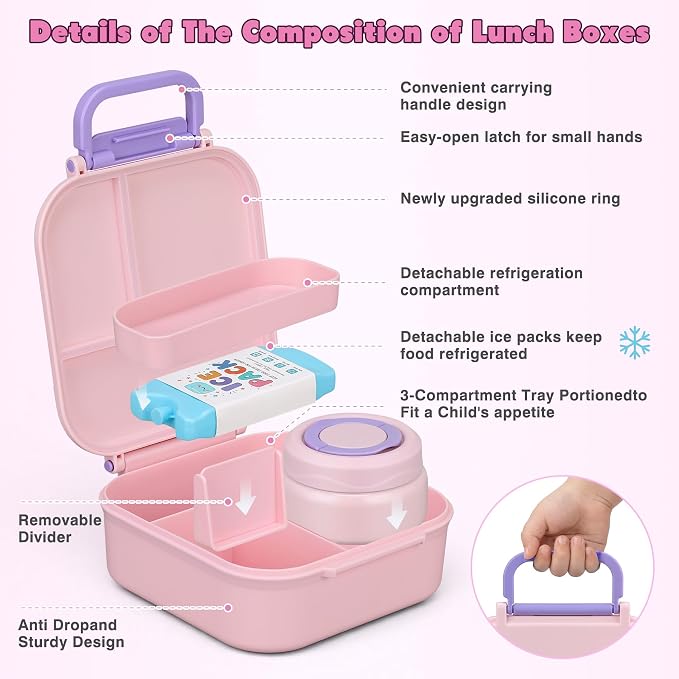 Bento Lunch Box for Kids with 7oz Soup Thermo,Insulated Stainless Steel Kids Water Bottle with Straw and Insulated Lunch Bag,Leak-Proof Lunch Food Container with Ice Pack for School(Pink)