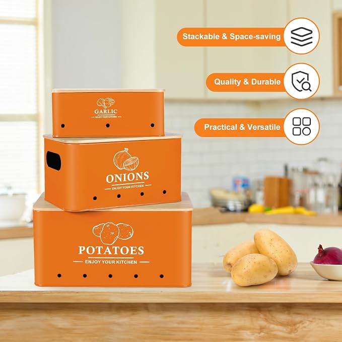 Kitchen Vegetable Storage Set of 3, Metal Onion Garlic Potato Storage Set, Kitchen Canisters Vegetable Keeper Containers with Aerating Holes and Bamboo Lid,Orange