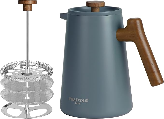 POLIVIAR French Press Coffee Maker, 34 oz | Real Wood Handle, Double Wall Insulation, Dual-Filter Screen, Food Grade Stainless Steel, For Coffee and Tea, Blue