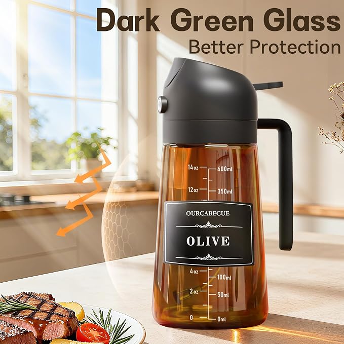 Olive Oil Sprayer & Dispenser for Cooking, 16oz Dark Glass Oil Mister, 2PC | 2-in-1 Oil Sprayer & Pourer, Fine mist, Light-Blocking, Wide Mouth, Easy Refill & Clean, 8 Oil Labels, Reusable, with Scale