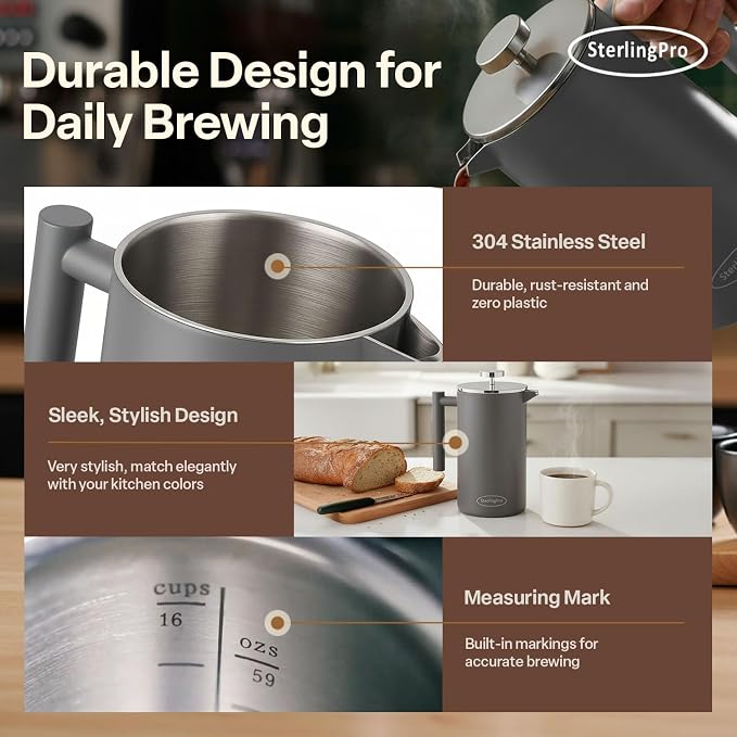 SterlingPro Extra Large Insulated Stainless Steel French Press Coffee Maker 59oz – Insulated Metal XL Double Wall Coffee Maker | Plastic Free | Cool-Touch | Grey Finish | Makes up to 16 Cups / 8 Mugs