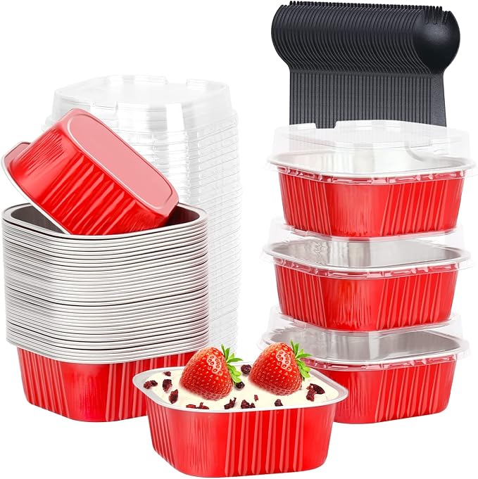 LNYZQUS 10oz Mini Cake Pans with Lids, Small Cinnamon Roll Containers | 40 Pack, Individual, Red, Disposable, Aluminum Foil, Square Baking Tins, 4 Inch Dessert Cups for Christmas Treats