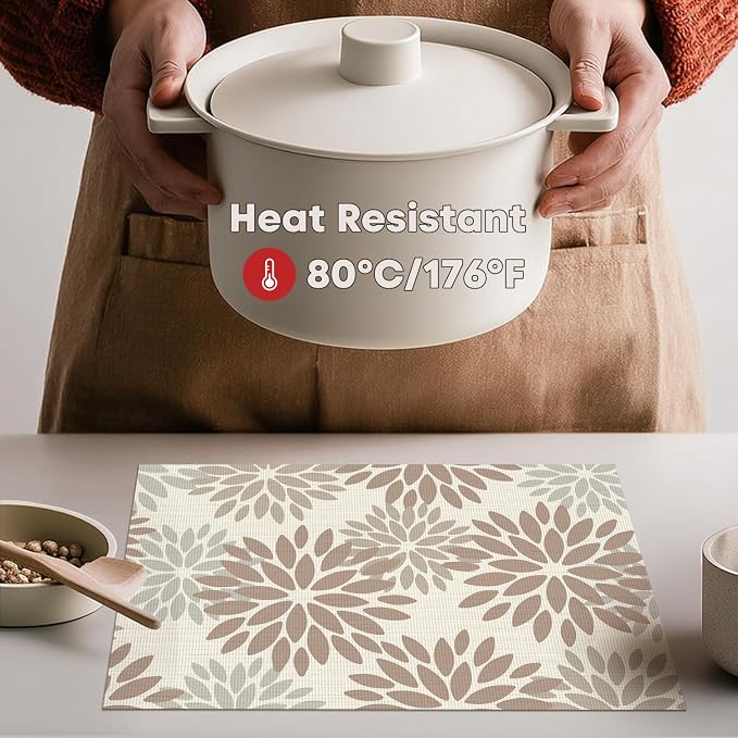 Artoid Mode Floral Vinyl Placemats Set of 4, 12x18 Inch Washable Non-Slip Plastic Vinyl Place Mats for Party Kitchen Dining Decor, Brown