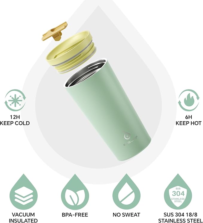 Ideus 17 oz Travel Coffee Mug, Double Wall Vacuum Stainless Steel Insulated Coffee Tumbler With Lid, Splash-Proof & Cup Holder Friendly, Keeps Drinks Hot/Cold, Dishwasher Safe, Mint Green