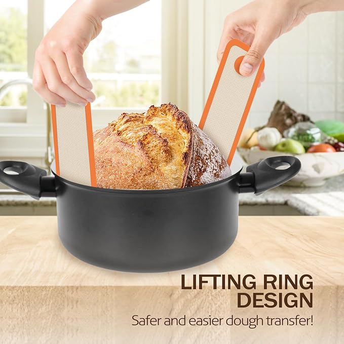 Koolstuffs Sourdough Silicone Bread Sling for Dutch Oven, 2 Pack | Long Handles for Dough Transfer, Nonstick Bread Release, Dishwasher Cleanup, Flexible Reusable Design, Round, Orange