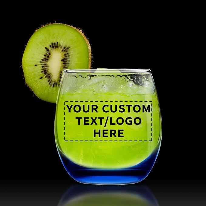 Custom Mikonos Stemless Wine Glasses 11.5 oz. Set of 10/50/100, Personalized Bulk Pack - Restaurant Glassware, Perfect for Red Wine, White Wine, Cocktails - Blue