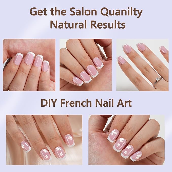Misssix 150Pcs French Tip Press on Nails, Short Square Pink Gel Fake Nails | No Need to File 3 in 1 Tips Pre-lasting, Gel Fake Nails for Nail Art DIY 15 Sizes