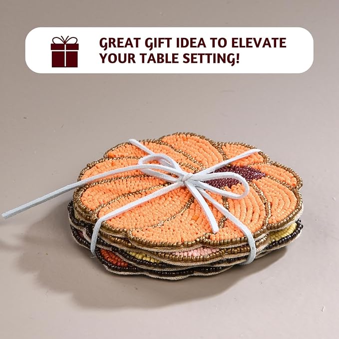 Folkulture Cute Fall Coasters Set of 4 for Drink, Non Slip,Easy to Clean | Boho, Coaster for Farmhouse, Coffee Table, Beaded Coasters for Fall Decorations, Outdoor Pumpkin Decor, Modern Home Decor