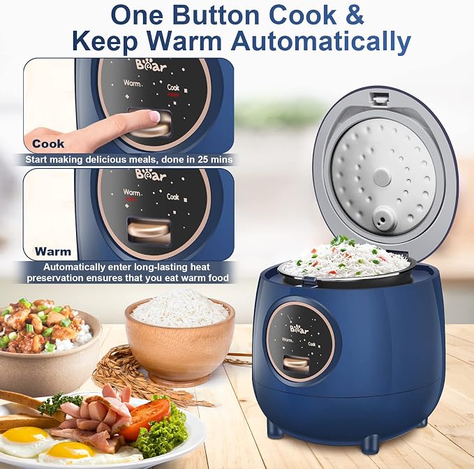 Bear Mini Rice Cooker, 2-Cup Uncooked, Nonstick, Keep Warm, BPA Free, Blue | Portable 1.2L nonstick small rice cooker for travel, dorm, single serve, One-touch operation, Removable pot, Auto keep warm