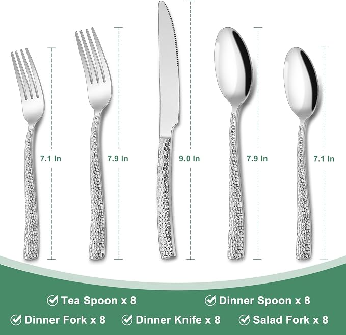 Hammered Silverware Set, 40-Piece Stainless Steel Wave Flatware Set for 8, Food-Grade Tableware Cutlery Set, Utensil Sets for Home Restaurant, Mirror Finish, Dishwasher Safe