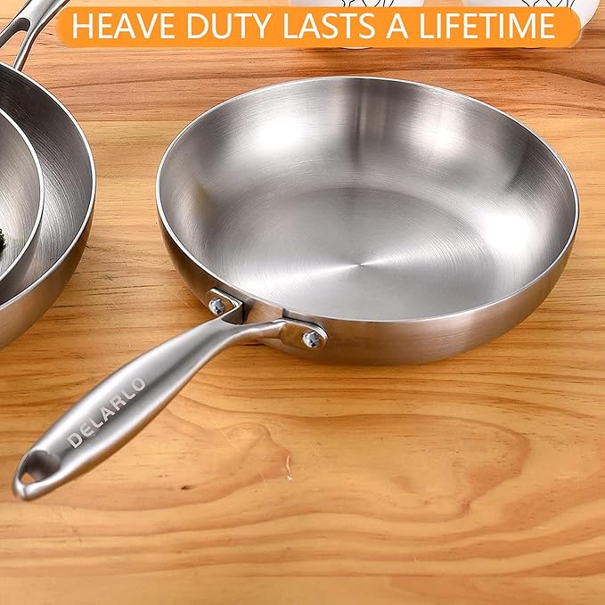 DELARLO Tri-Ply Stainless Steel Frying Pan 8" kitchen skillet | Stainless Steel Pan Cooking Heat fast and evenly Compatible with All Cooktops Dishwasher and Oven Safe