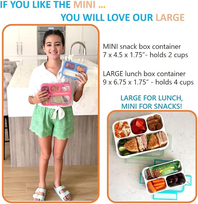 kinsho Small Snack Box Container for Kids Toddlers, Set of 2 (Coral+Blue) | 3 Compartments, Leak-Proof, Spill Proof, BPA-Free Reusable Small Mini Bento Lunch Box for Daycare School Travel, Holds 2 Cups