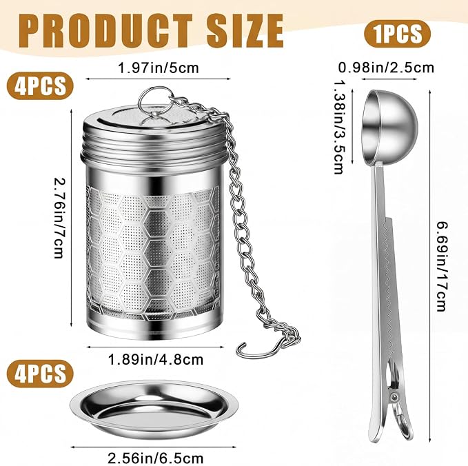 4 Pcs Tea Infuser Strainers for Loose Tea with Scoop, Extra Fine Mesh Steeper 304 Stainless Steel Diffuser Leaf Holder with Extended Chain Hook for Brew, Spices, Seasoning, Silver