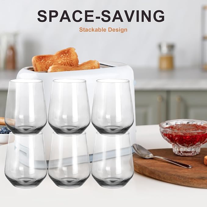Stemless Wine Glasses Set of 6, 15oz Clear Drinking Glassware Dishwasher Safe, Wine Glass Tumblers for Red or White, Gift for Party, Holiday, Anniversary, Restaurant, Home Bar, Daily Use
