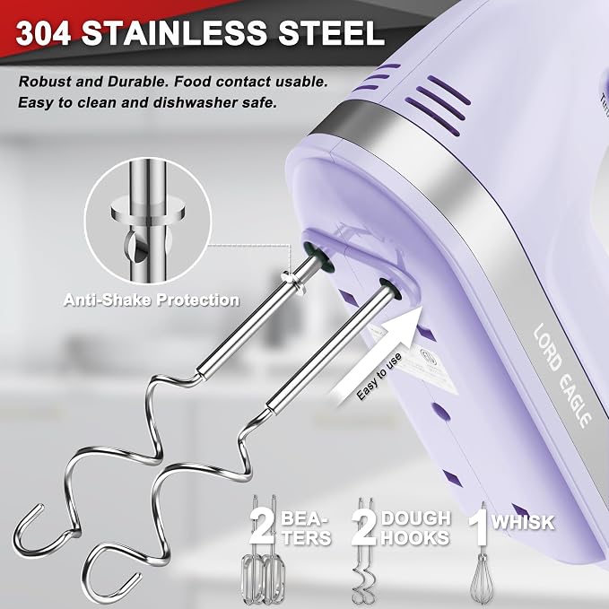 Lord Eagle Hand Mixer Electric Handheld 400W, 5-Speed Lightweight, Purple | Kitchen Mixer with Storage Case, 5 Stainless Steel Attachments for Baking Cake Egg Cream Food Beater, Turbo+Eject Button