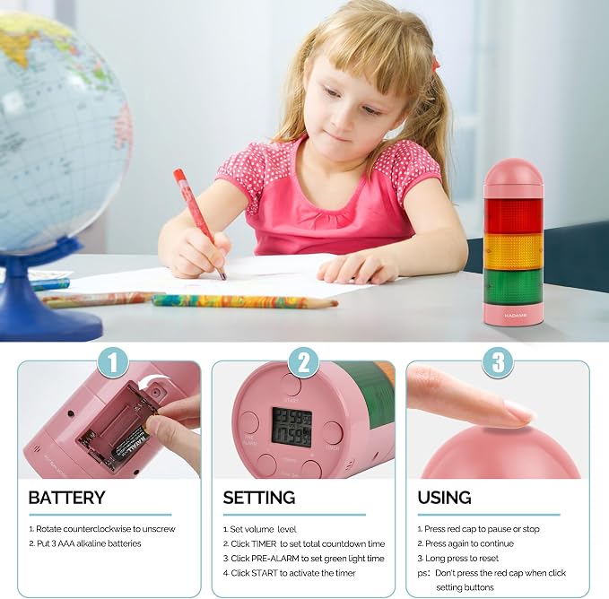 KADAMS Visual Timer for Kids with Pre-Alarm, Traffic Light Countdown Timer for ADHD Toddlers Classroom 24H Digital Timer, 5 Volume Levels Mute Pause Memory for Homework Learning Home Routine