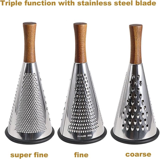 Cone Cheese Grater with Handle - Stainless Steel Triple Function Wood Handle Parmesan Shaver Non-Slip Rubber Bottom Hand Held Multifunction Vegetables Cheese Grater with container(S: 7.7" X 3.5")