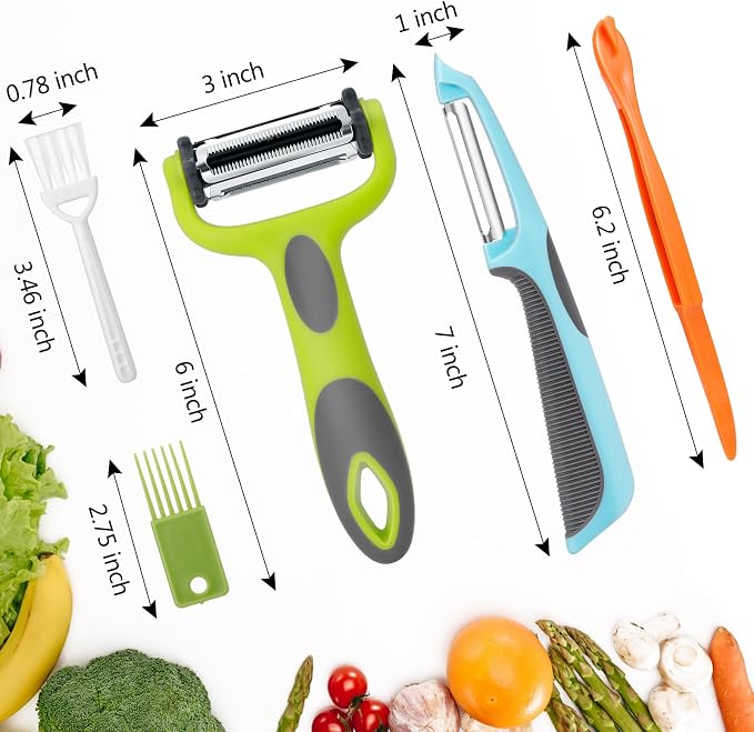 Senbowe Julienne Peeler, Potato Vegetable Peeler for Kitchen, I and Y Potato Peelers for Apple Fruit Carrot Zucchini Cucumber Veggie, 3 in 1 Blade Spin Design, Anti-Slip Handle