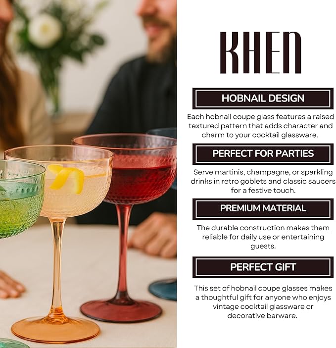 Khen Muted Hobnail Coupes Vintage Textured Pastel Style Cocktail Martini Champagne Saucer Retro Colored Glass Goblets Set of 4 10.15oz Durable Glassware Decorative Barware Classic Party Drink