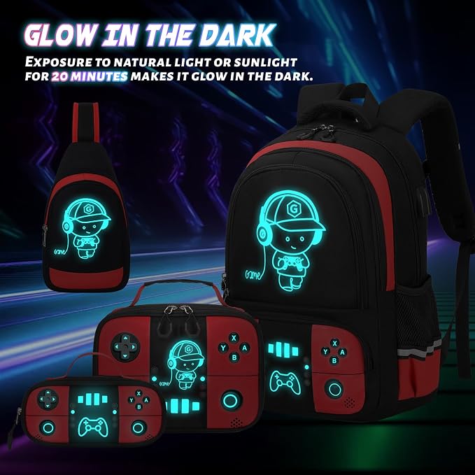 Backpack for School Boys, Cool Luminous Gamer Boys Schoolbag | with Lunch Box & Pencil Case Set for Kids Teens Elementary Middle School, Bookbag Glow In The Dark