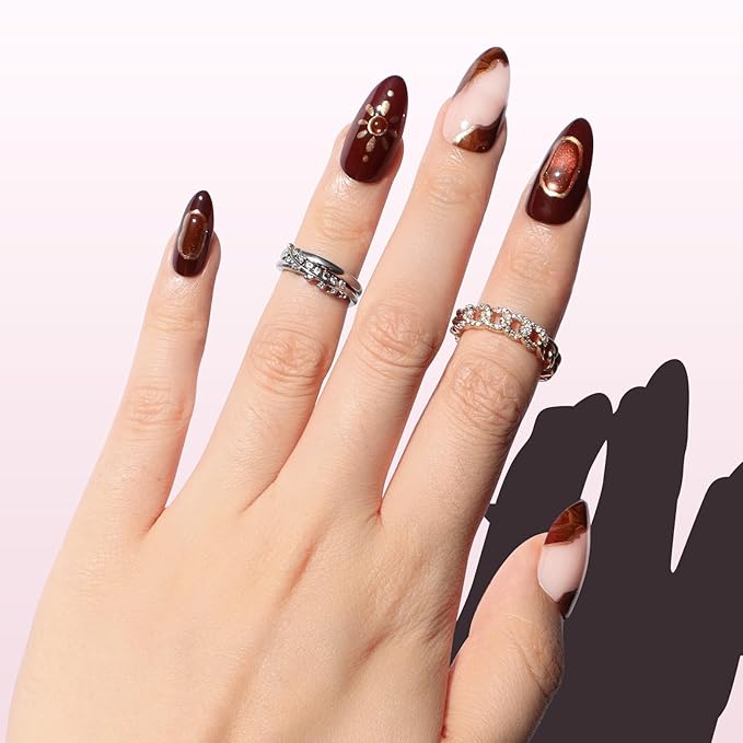 Nail Reformation Press On Nails, Sun Stone | Medium Almond Fake Nails | with 3D Golden Shimmer on Amber Glow Base in Glossy Finish, Reusable Stick On Nails in 15 Sizes - 30 Nail Kit for Women Gifts