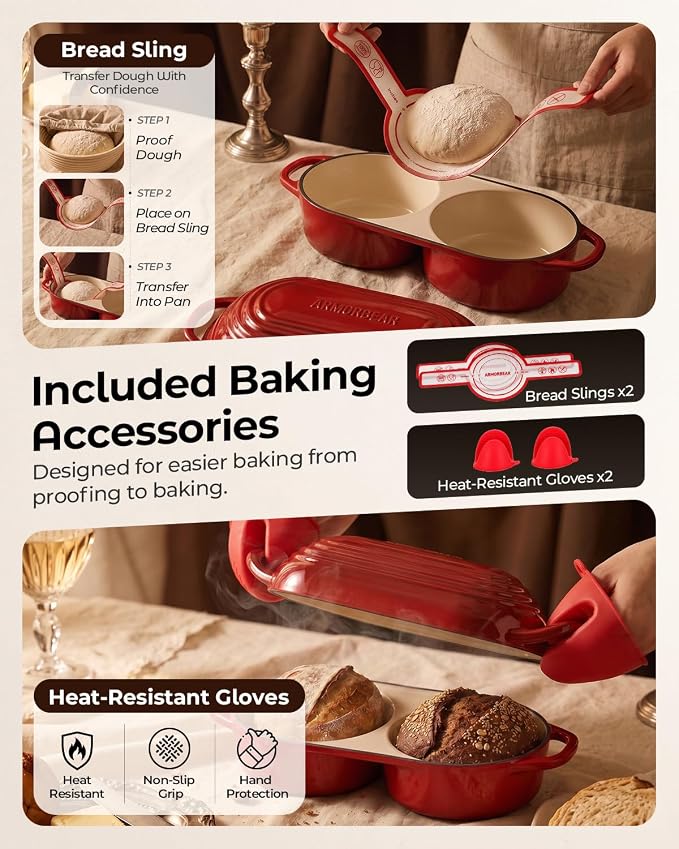 Mini Double Dutch Oven for Sourdough, Enameled Cast Iron Bread Pan, Red | Double Loaf Bread Pan with Lid, Mini Sourdough Dutch Oven for Bread Baking