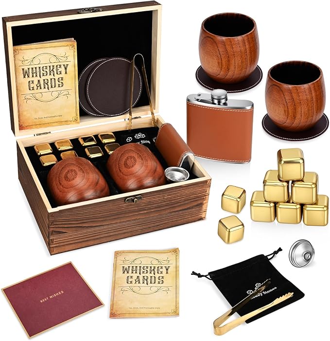 Charred Wooden Bourbon Drinking Glass Wooden Whiskey Glasses Set of 2 Complete Whiskey Gift Set Old Fashioned Glass Bourbon Gifts for Men (Gold Accents)