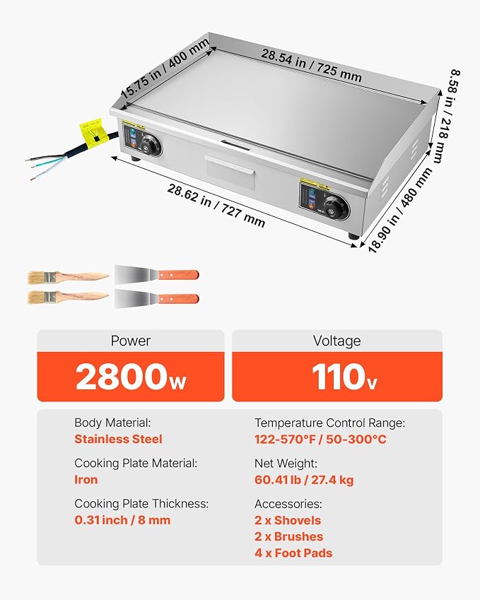 VEVOR Commercial Electric Griddle, 30" No Plug, Countertop Flat Top Griddle, Stainless Steel Teppanyaki Grill w/Iron Cooking Plate, 122-572℉ Adjustable Temp Control, 2 Shovels & Brushes
